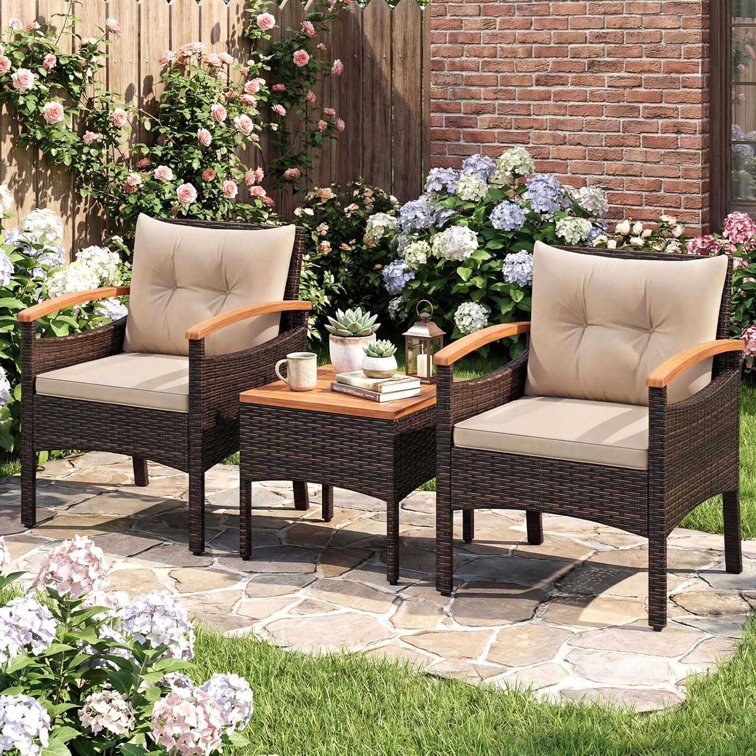 COSTWAY - Salon de Jardin 3 pcs - rotin PE, bois acacia, coussins amovibles, jaune terre