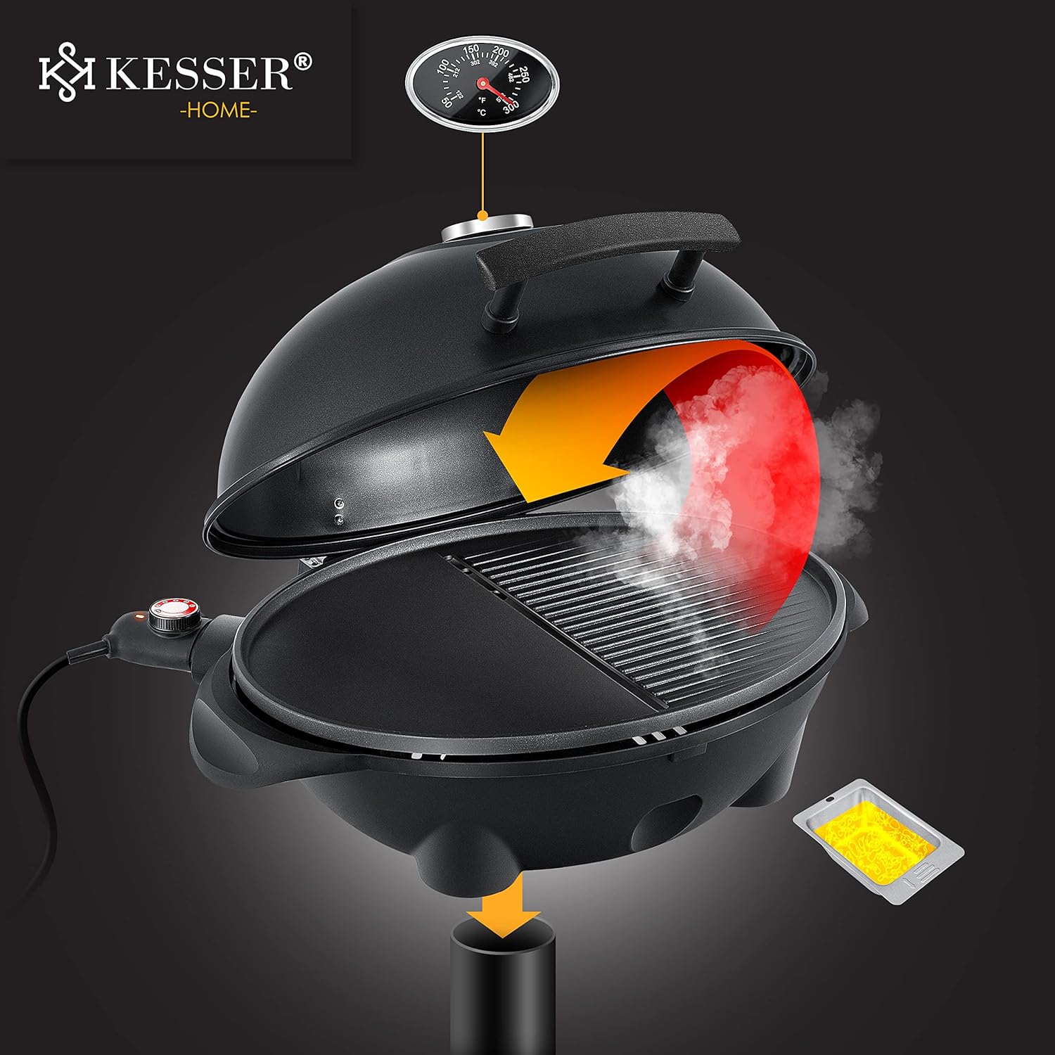 KESSER - Gril électrique 2en1 sur pied XXL - 2400W, thermomètre, revêtement antiadhésif