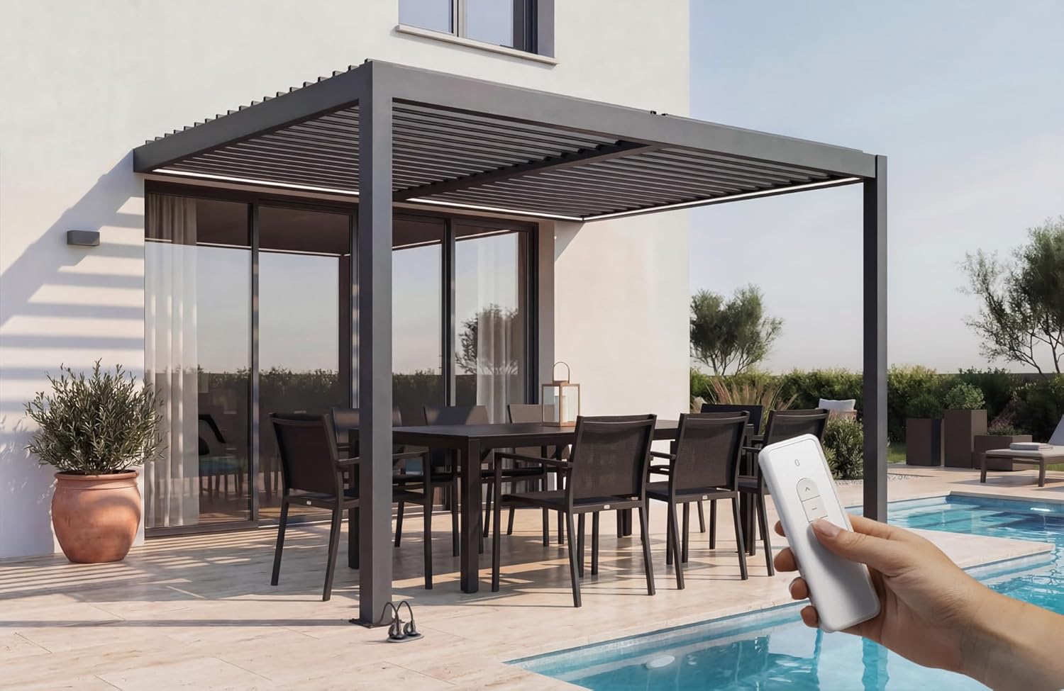 Cazeboo - Pergola bioclimatique motorisée LED 394x300cm, alu, vent 80km/h