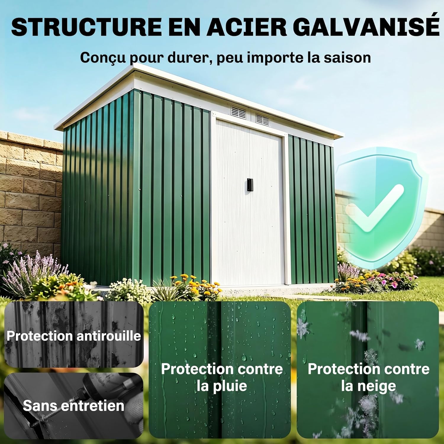 Outsunny Abri de Jardin en Acier galvanisé XXL 3,6 m² avec kit de Fondation 280 x 130 x 172 cm, cabane de Jardin cabanon Rangement Outils avec Portes coulissantes verrouillables aérations, Vert foncé