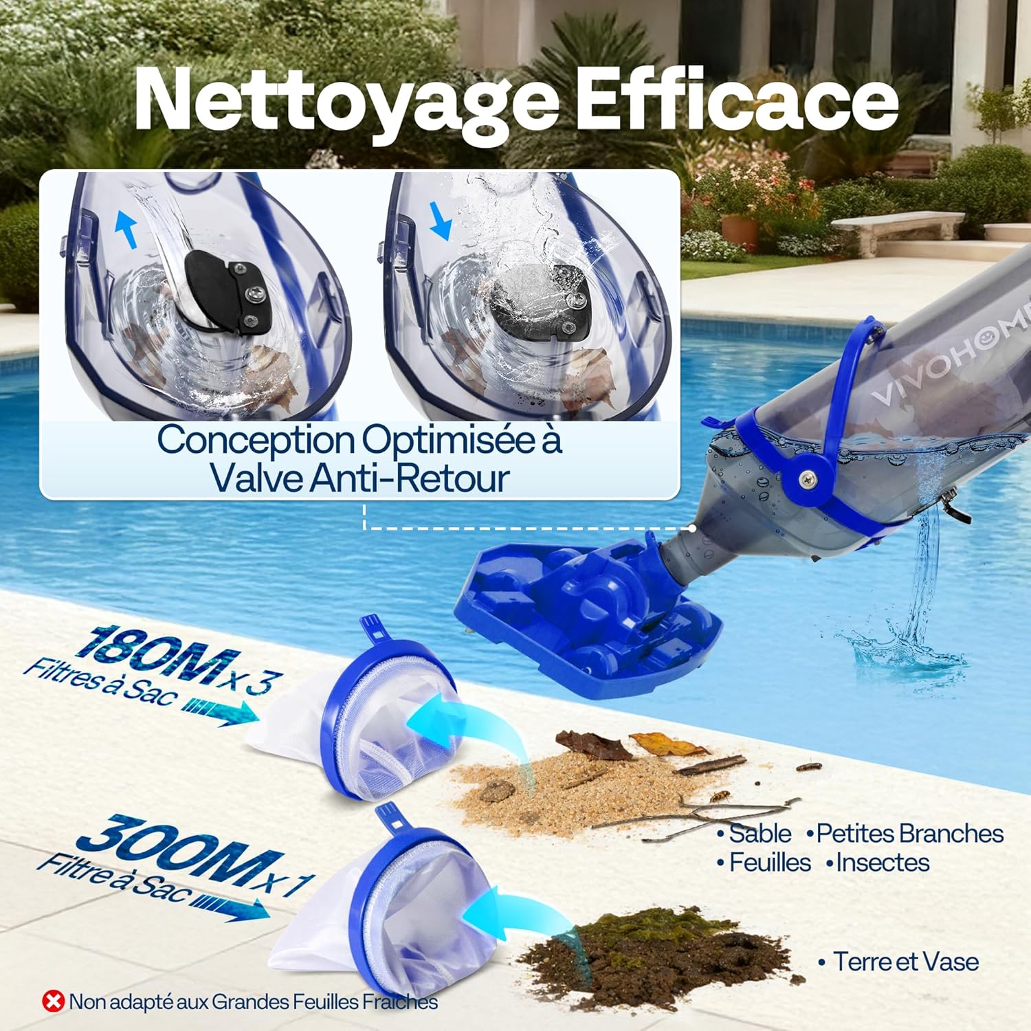 VIVOHOME 70LPM Aspirateur de Piscine sans Fil avec Batterie, Nettoyeur de Piscine Portable avec 4 Sacs Filtrants, Perche Télescopique, Aspiration 278cm pour Piscine Hors-Sol et Enterrée, Spa