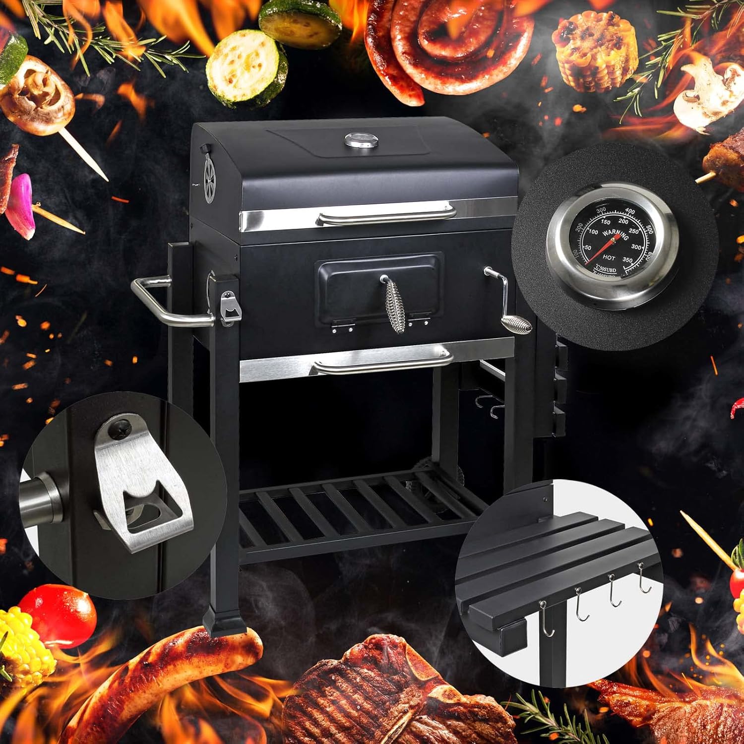 Wiltec - chariot barbecue - 1130x475x1000mm - thermomètre, anti-feu, rangement