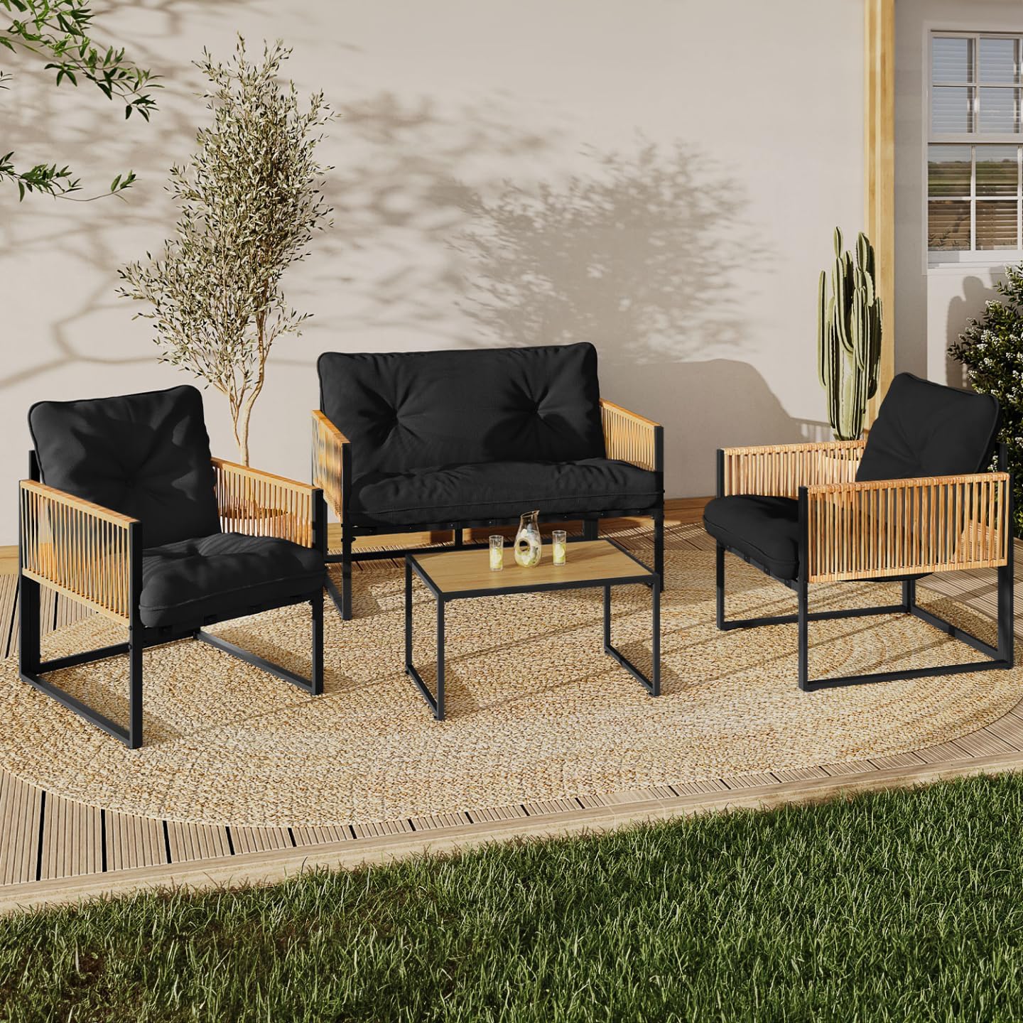 IDMarket - Salon de Jardin Bas Rio 4 Places - Structure métal noir, cordage rotin clair, coussins noirs