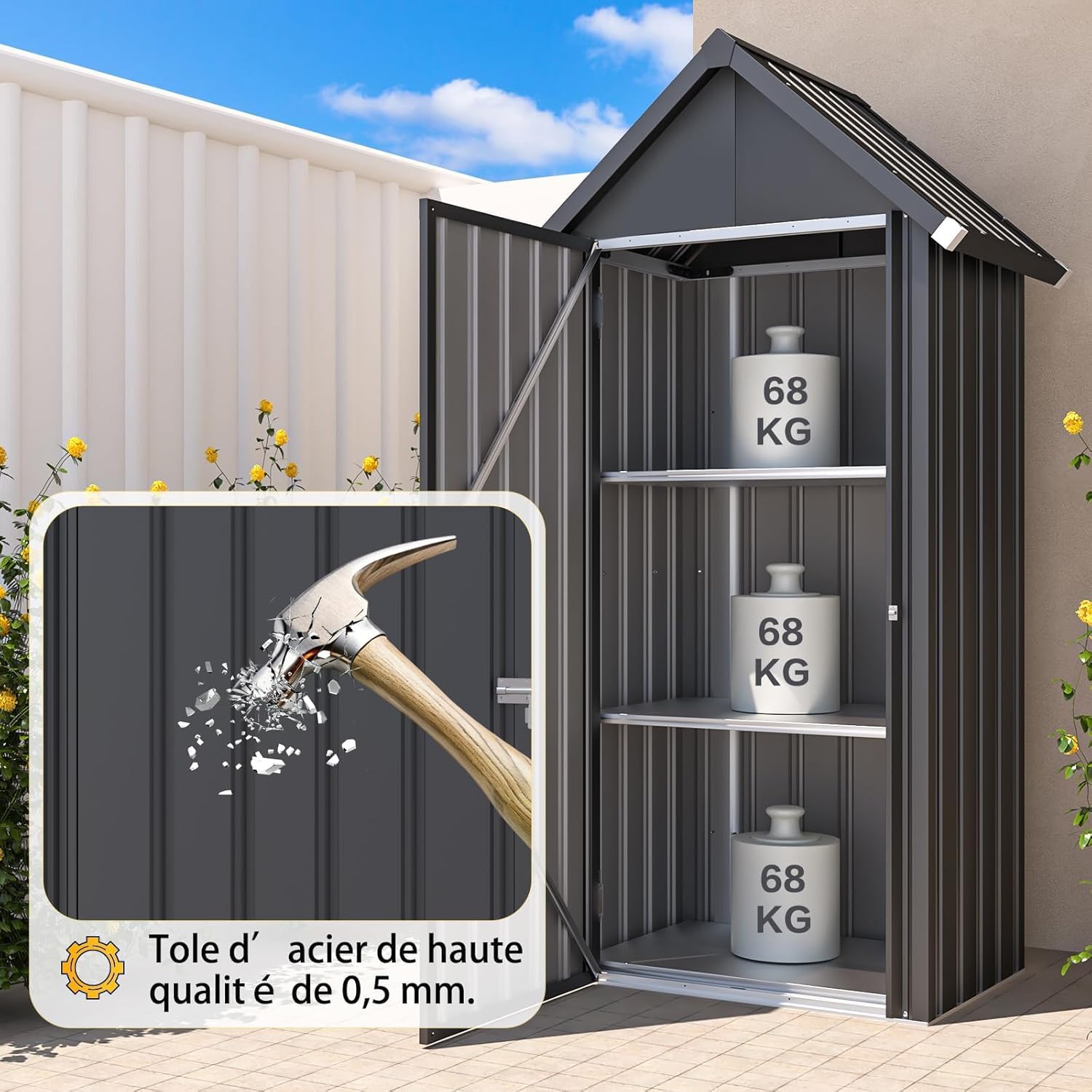 YODOLLA Abri de Jardin Métal, Cabane de Rangement Tout Climat, Résistant aux Intempéries (Pluie, Vent, Soleil)， Porte Fermeture Sécurisée et 3 Étagères Amovibles, 76x55x178cm, Gris foncé