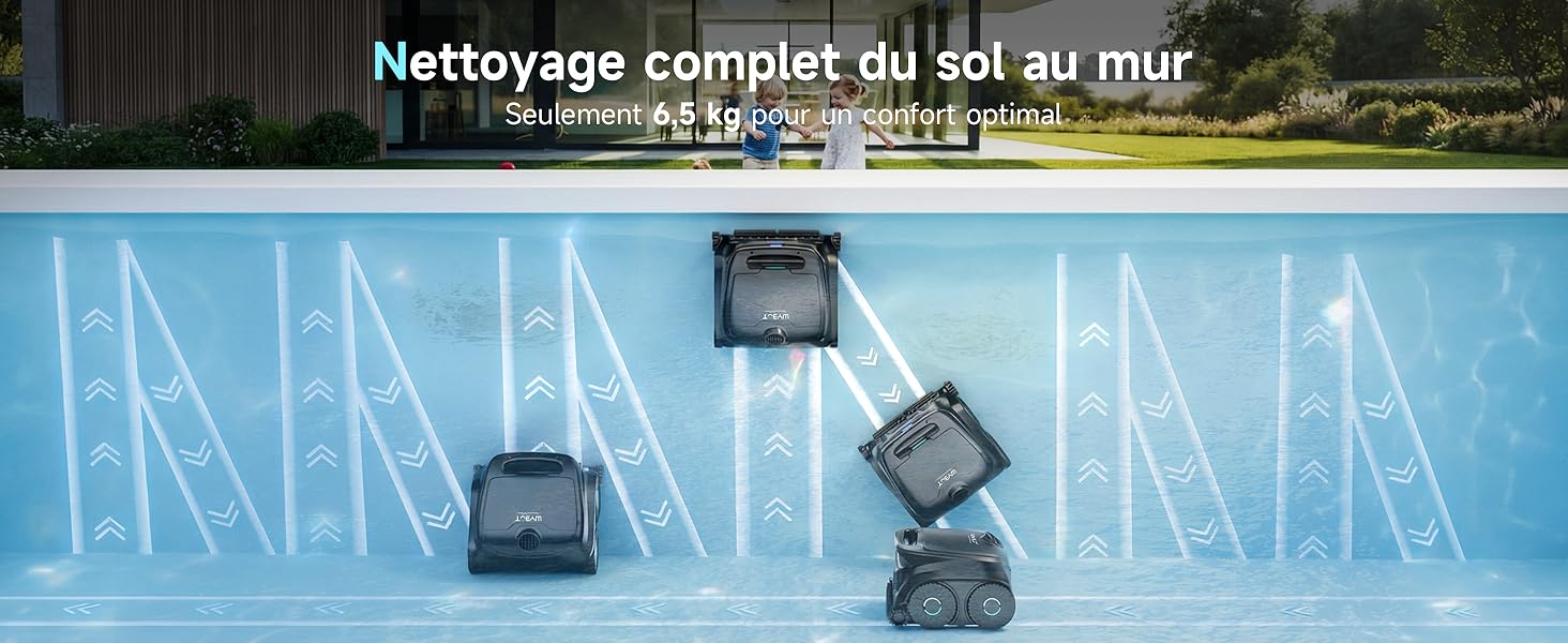 Le texte indique « Nettoyage complet du sol au mur » et « 1,5 bar ». Équipement de nettoyage industriel affiché sur une surface texturée bleue avec une superposition de motifs schématiques.