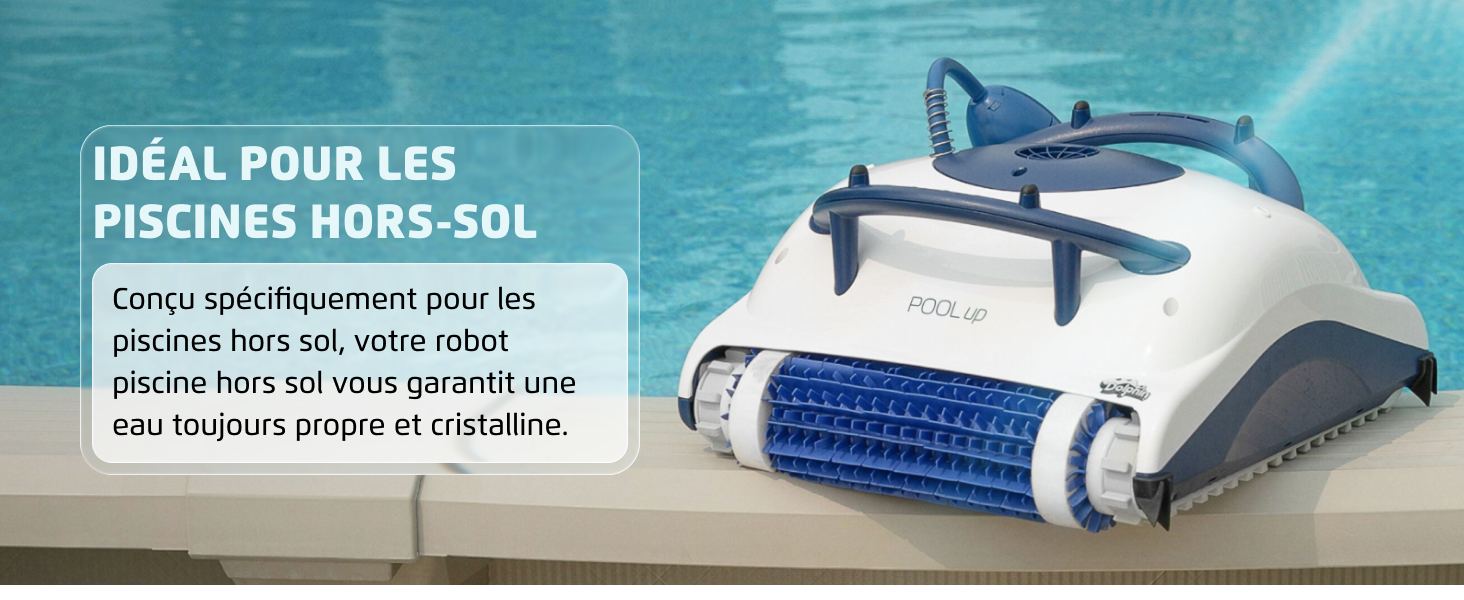 Le texte indique « IDÉAL POUR LES PISCINES HORS-SOL » avec une description en français. Nettoyeur de piscine robotique bleu avec partie supérieure blanche affichée sur la terrasse à côté de la piscine.