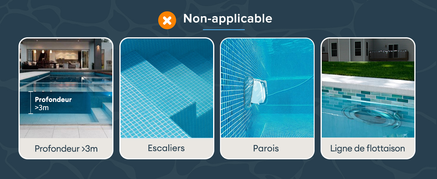 Le texte indique « Non applicable ». Série d'images de piscine montrant le processus d'installation, y compris la disposition du plancher de la piscine, des escaliers, des murs et des conduites de plomberie.