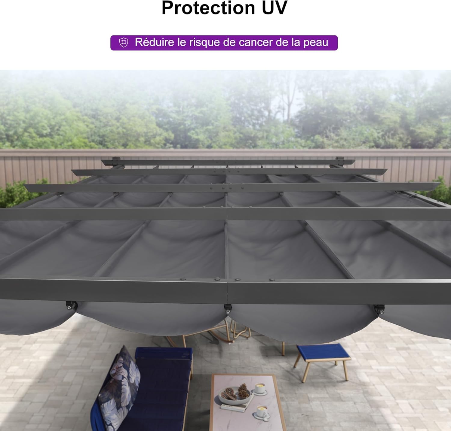 PURPLE LEAF - Pergola aluminium - 4x3,2m - LED, toit rétractable, toile teintée