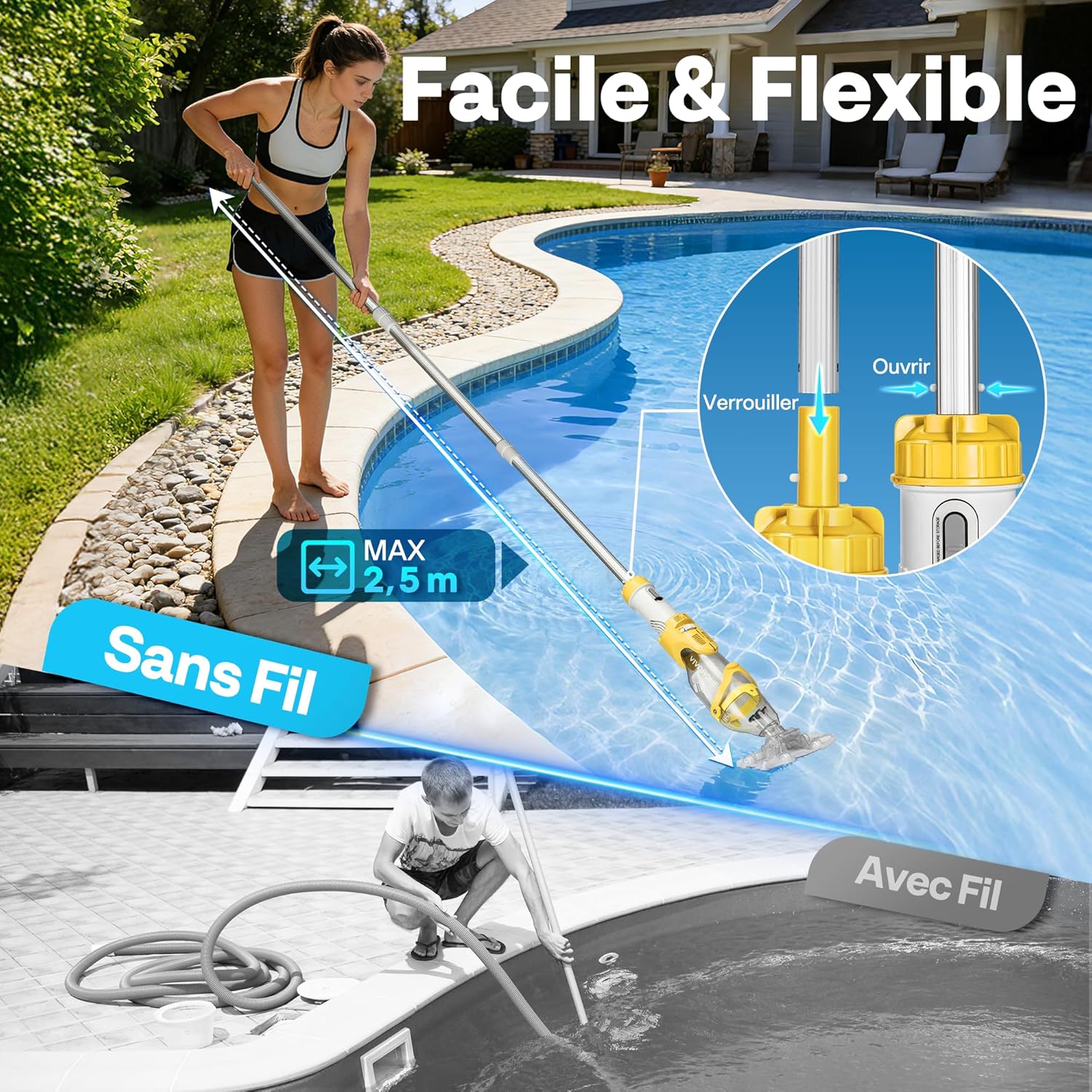 VIVOHOME - Aspirateur piscine sans fil, perche 250cm, 4300LPH, autonomie 75 min, batterie Spa