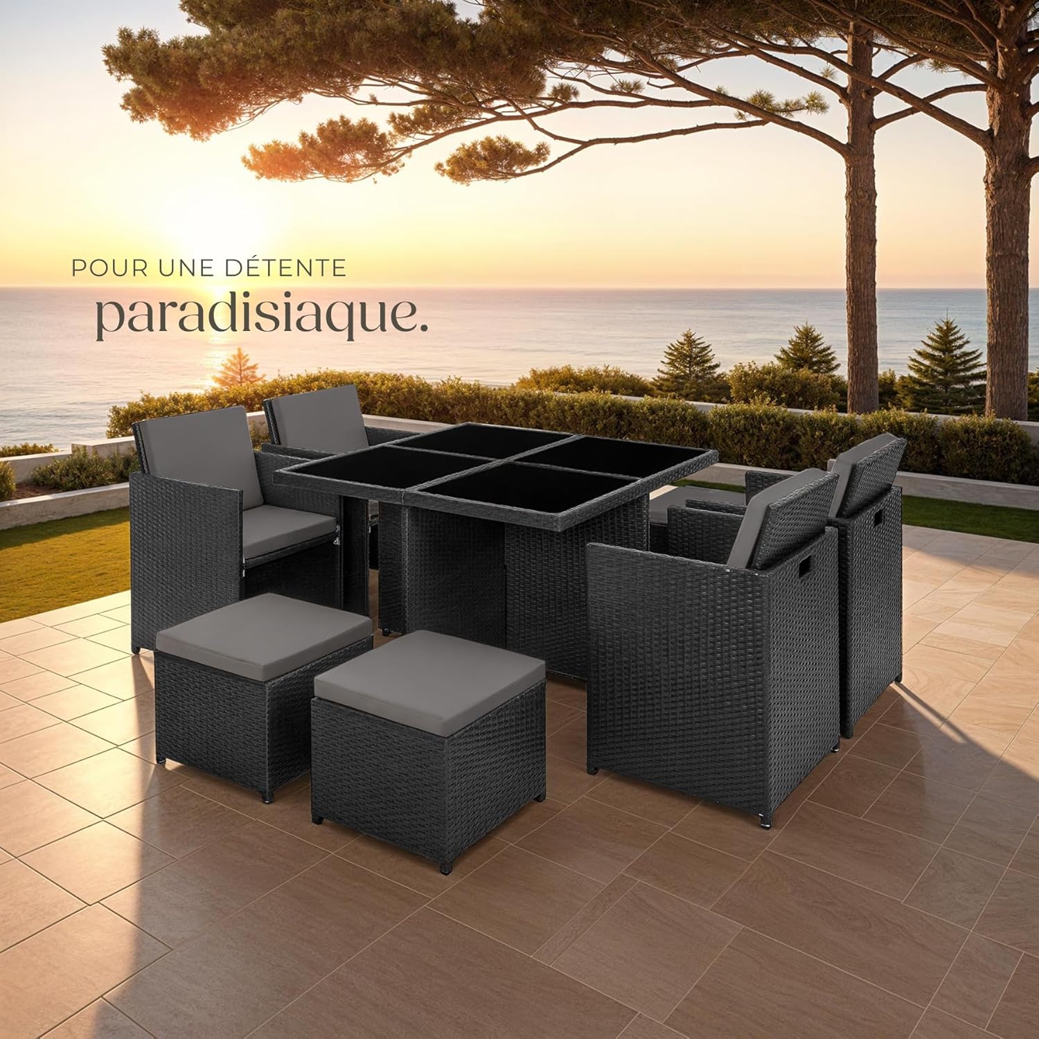 tectake - Salon de Jardin 8 places - alu, poly rotin, table large, noir