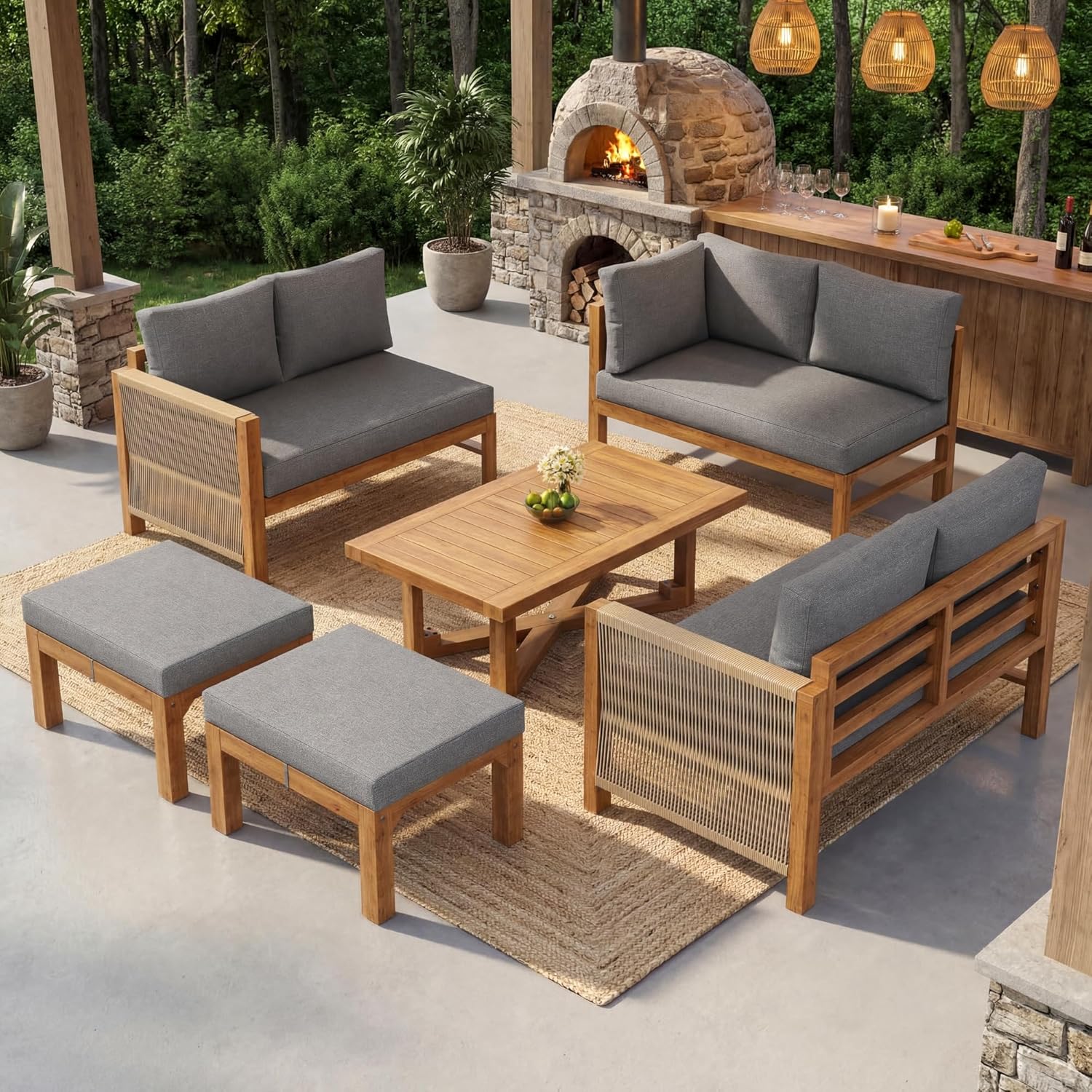 Sapgaks - Salon de Jardin E-Gris - 6 places modulable bois acacia, coussins, table et 2 tabourets