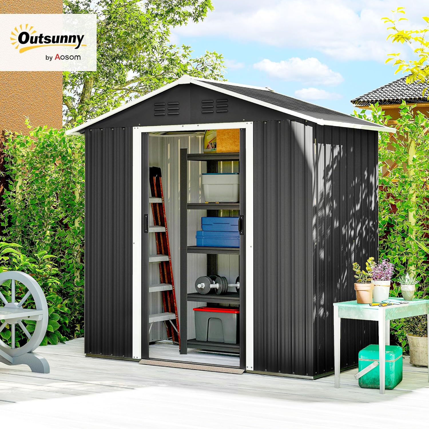 Outsunny - abri de jardin métal 1,8 m² - 194x107x191 cm, portes coulissantes, 4 aérations
