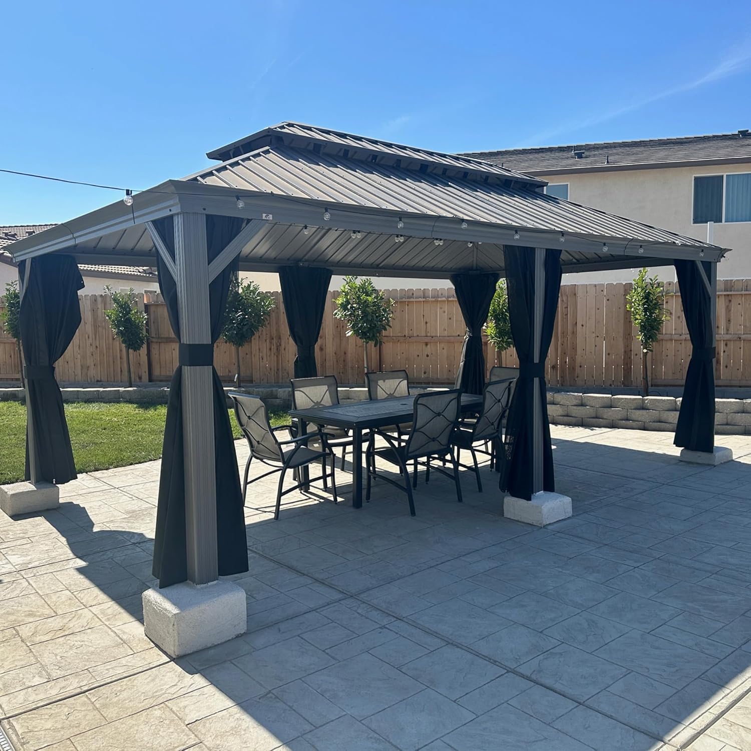PURPLE LEAF - Pergola double toit aluminium 3,65x6m rideaux LED, Gris -