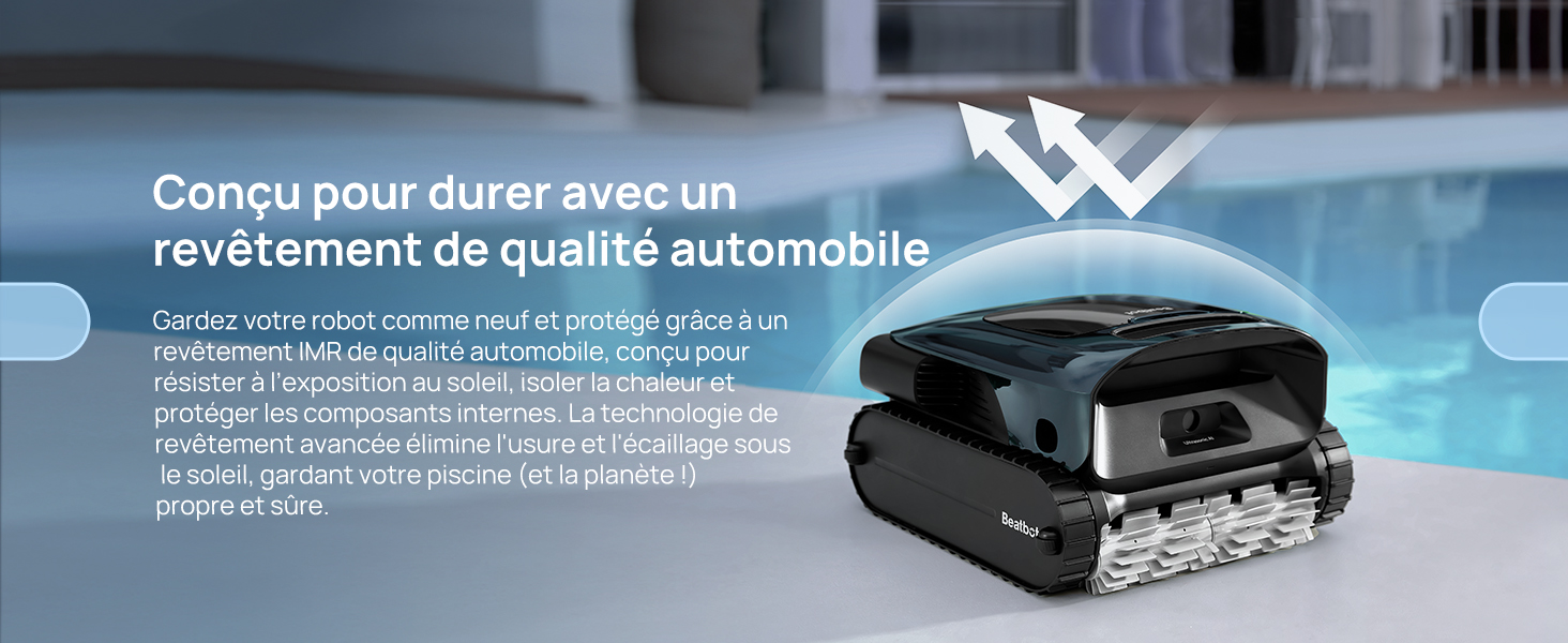 Siège auto ou siège d'appoint gris avec appui-tête. Le texte en français mentionne un design durable et un revêtement automobile de qualité. Le produit semble être destiné à la sécurité des enfants dans les véhicules.