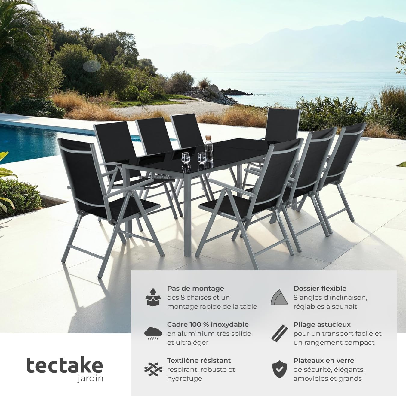 tectake - Salon de jardin aluminium, 8 fauteuils pliables, table, facile à entretenir