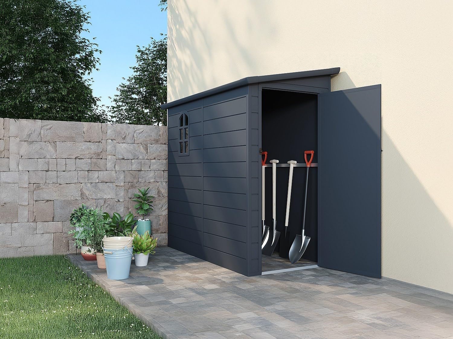 Vente-unique - Alberto - abri de jardin adossé 2,09m² résine gris anthracite