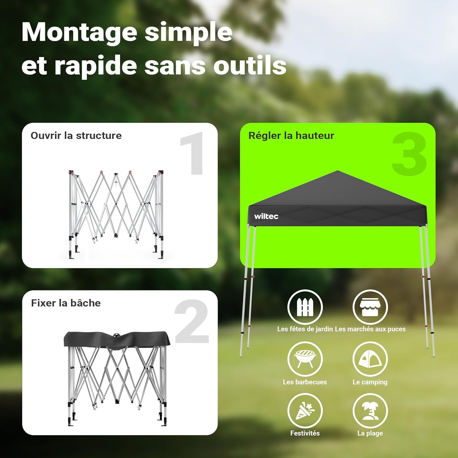 Wiltec - Tonnelle pliante étanche 2,5x2,5x2,7m - cadre robuste