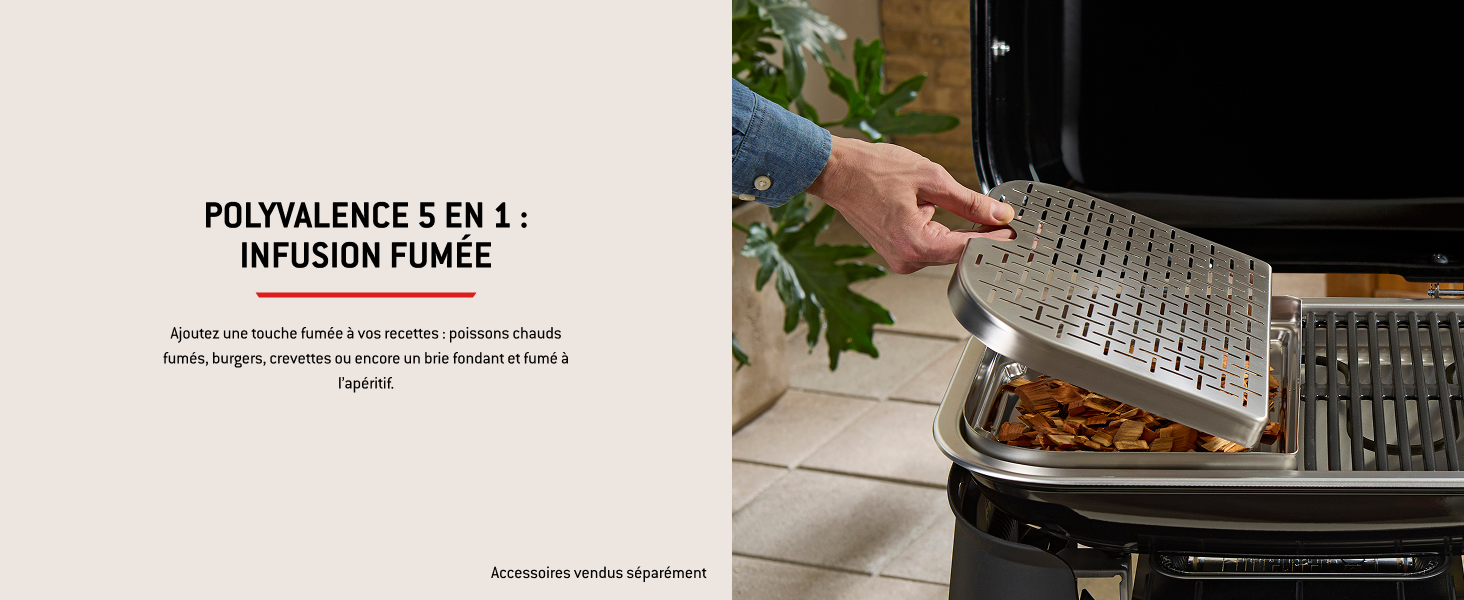 Le texte indique « POLYVALENCE 5 EN 1 » et « INFUSION FUMÉE ». Plans rapprochés de la préparation des aliments à l'aide de ce qui semble être un dispositif à fumer ou à perfusion.