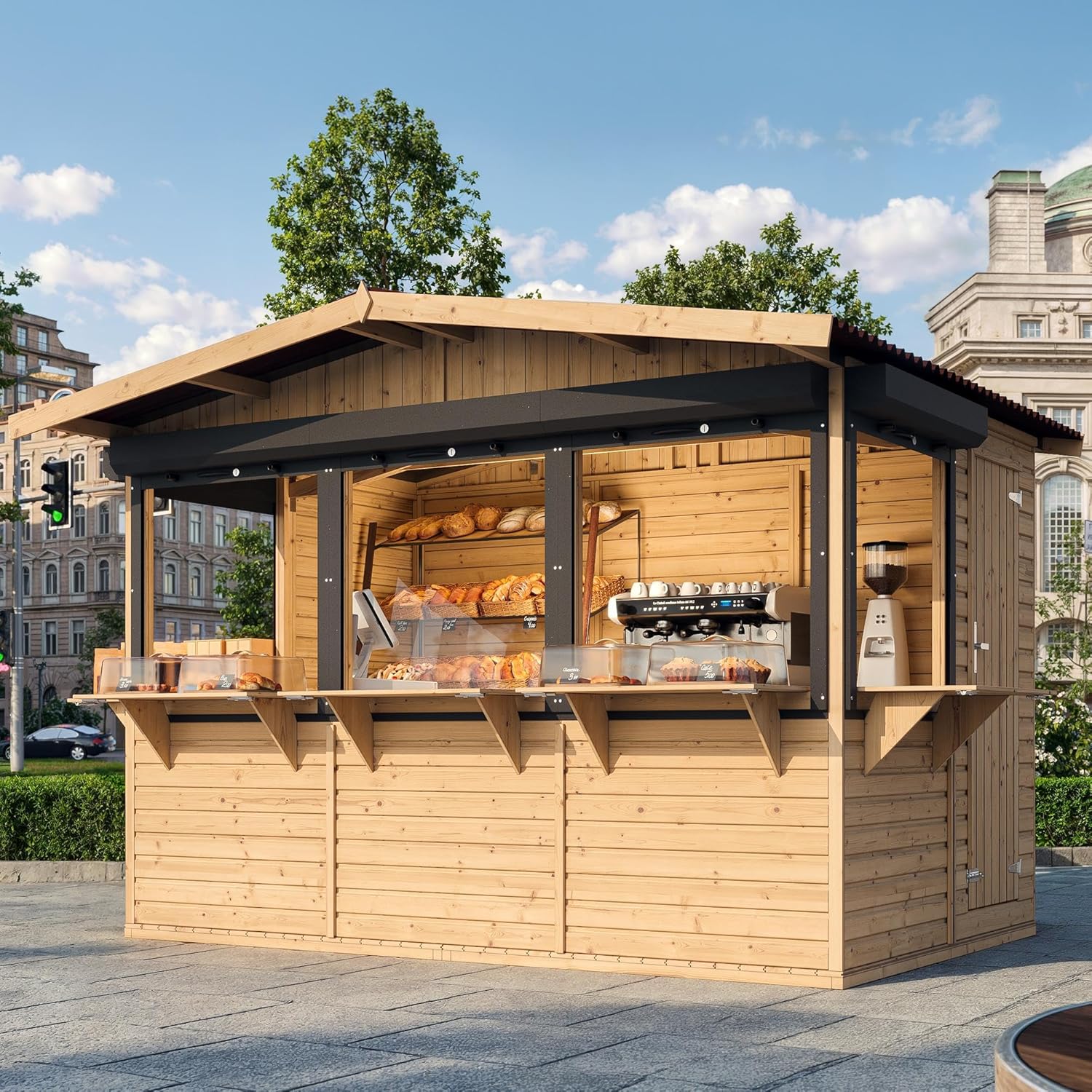 TIMBELA Abri de Jardin en Bois M150BZ – Kiosque Bois - Stand Marché avec 5 Fenêtres + Volets roulants, L336xP263xH232 cm / 6 m², Facile à Monter et à Démonter, Bar Jardin