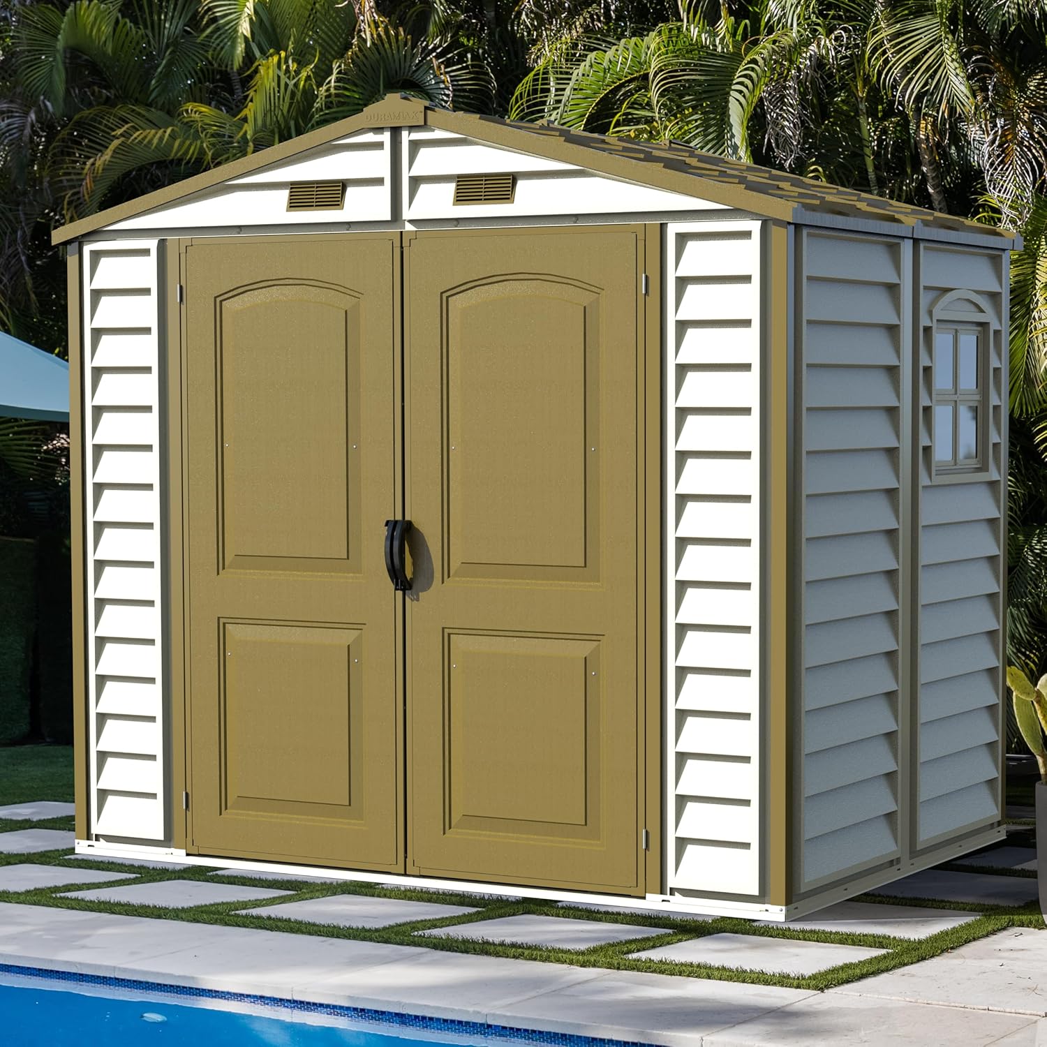 Duramax StoreAll 8 x 6 (3.85 m²) Abri de jardin en plastique avec 1 fenêtre fixe et kit de fondation en métal, structure de toit en métal robuste, ignifuge et sans entretien - Ivory/Brown