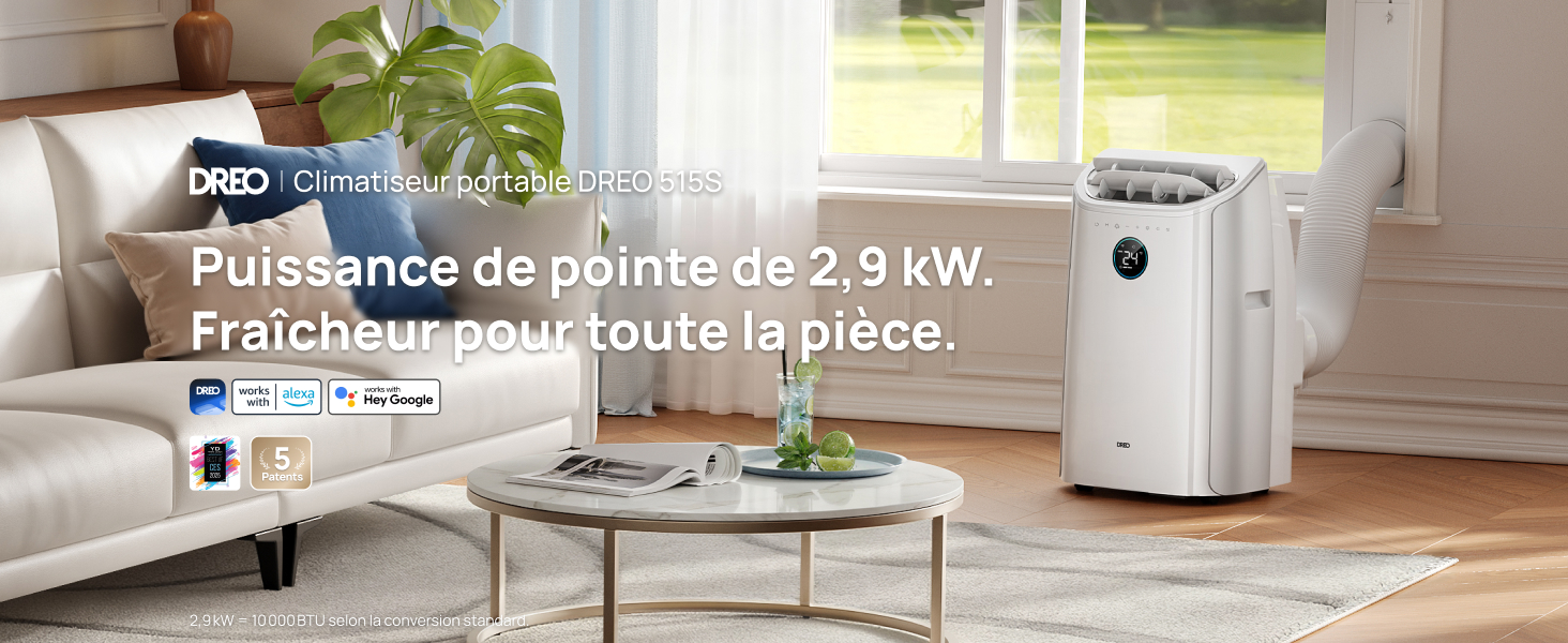 Le texte indique « DED », « Purificateur d'air », « Efficacité de purification de 2,9 kW », « Fraîcheur dans toute la pièce ». Unité de purification d'air portable présentée dans un salon moderne avec canapé et table basse, démontrant une couverture de purification de l'air à l'échelle de la pièce.
