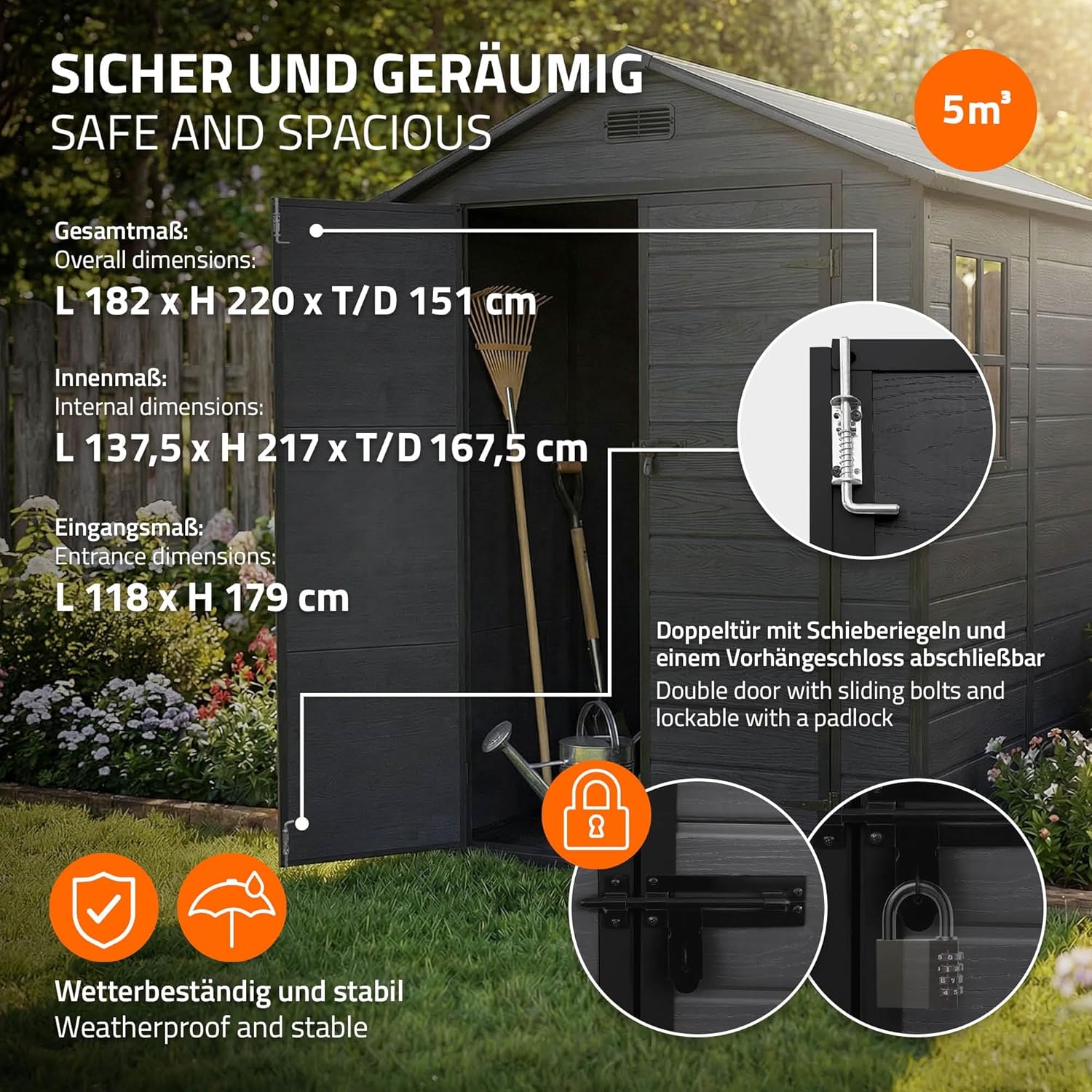 ECD Germany - Abri de jardin résine 151x182x220 cm double porte, 5m³, fenêtre, ventilation