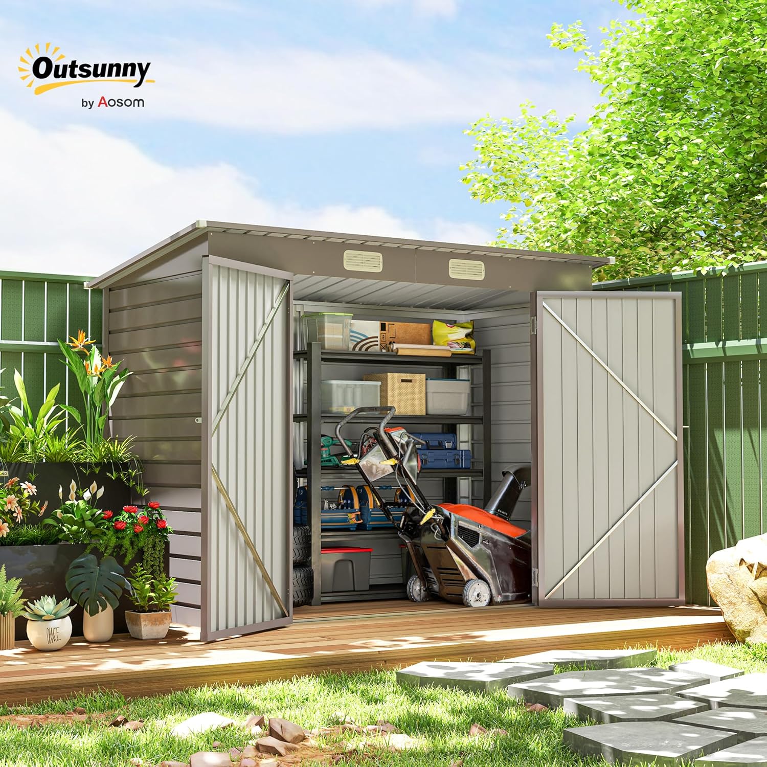 Outsunny - Abri de jardin métal 3 m² - 249x121x183 cm - acier galvanisé, portes verrouillables, aérations