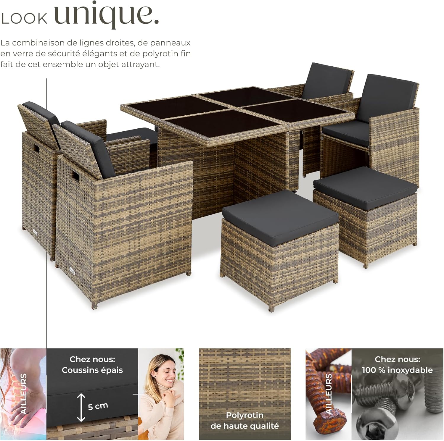 tectake - Salon de jardin 8 places - alu, poly rotin, marron naturel