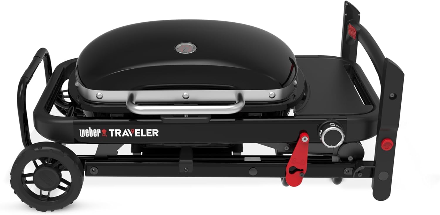 Weber Traveler Compact barbecue à gaz/design pliable et portable avec roues, verrouillage automatique du couvercle et thermomètre intégré, 1 brûleur, surface de cuisson 52 x 36 cm, noir