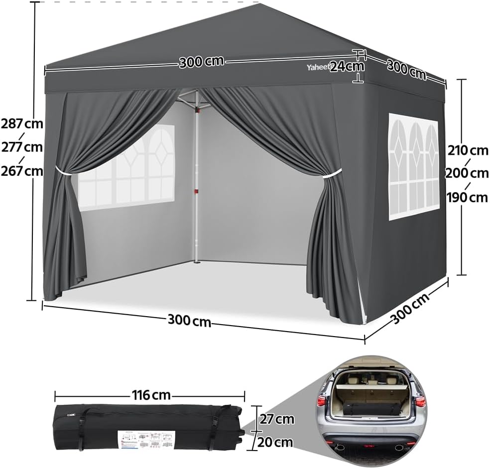 Yaheetech - Tonnelle pliante 3x3m - 4 parois latérales, gris foncé
