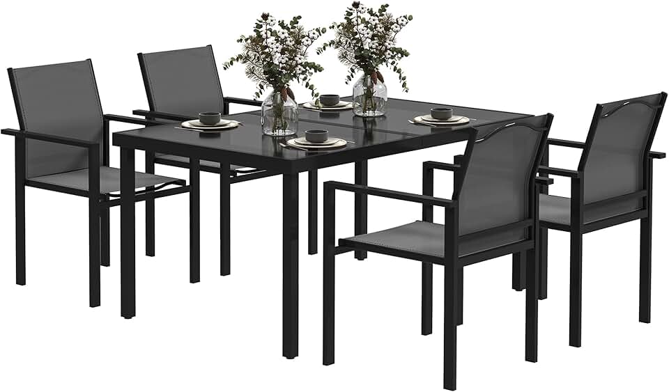 Outsunny - salon de jardin extérieur 4 places - table verre 140 cm, chaises empilables, noir