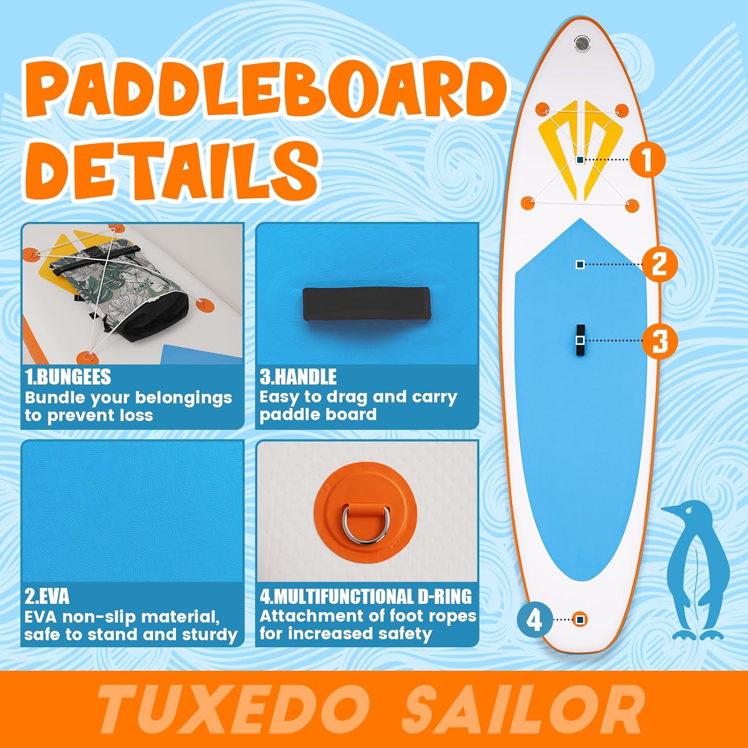 Tuxedo Sailor - Paddle Gonflable Adulte - Stand Up - accessoires complets, stabilité, design premium