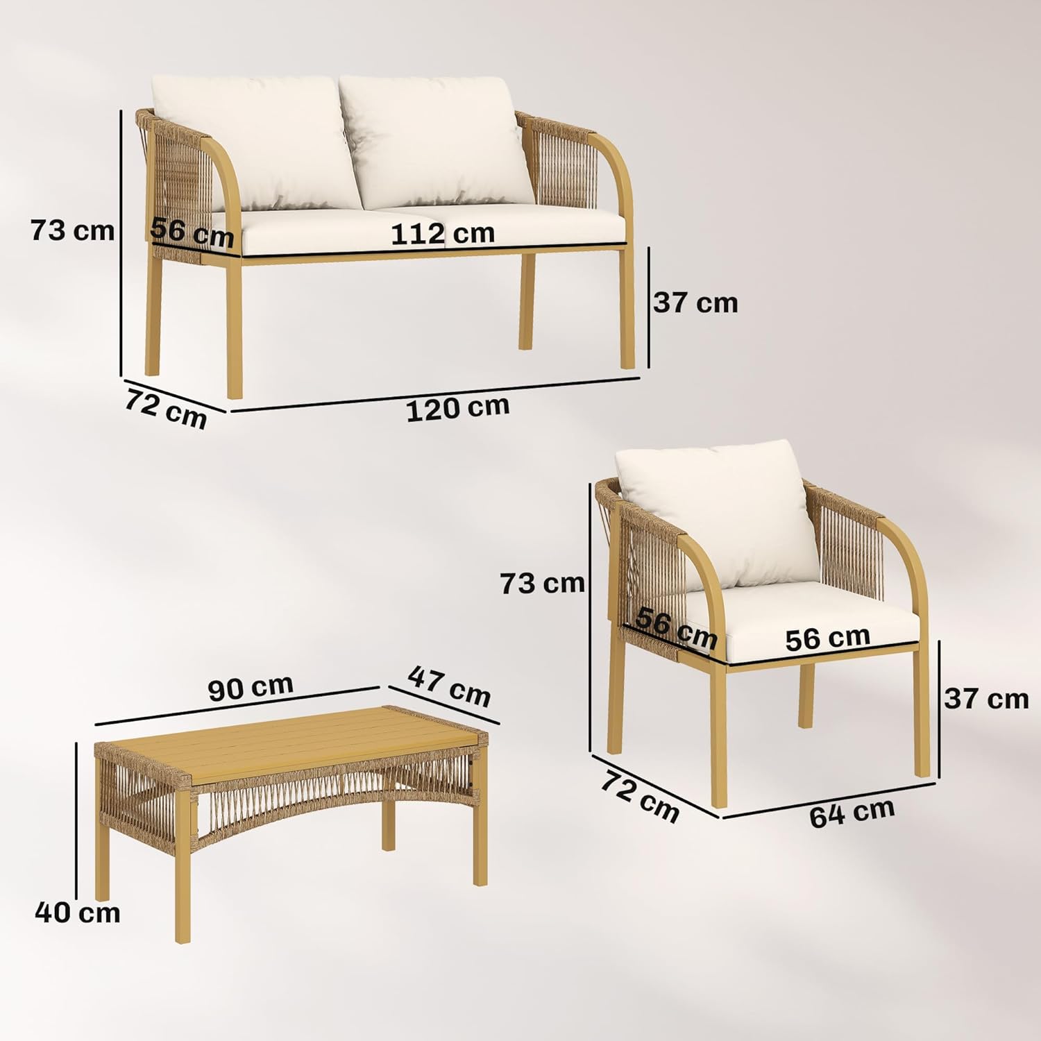 Outsunny - Salon de jardin 4 pcs - canapé 2 places, coussins, table basse, plateau acier imitation bois - kaki