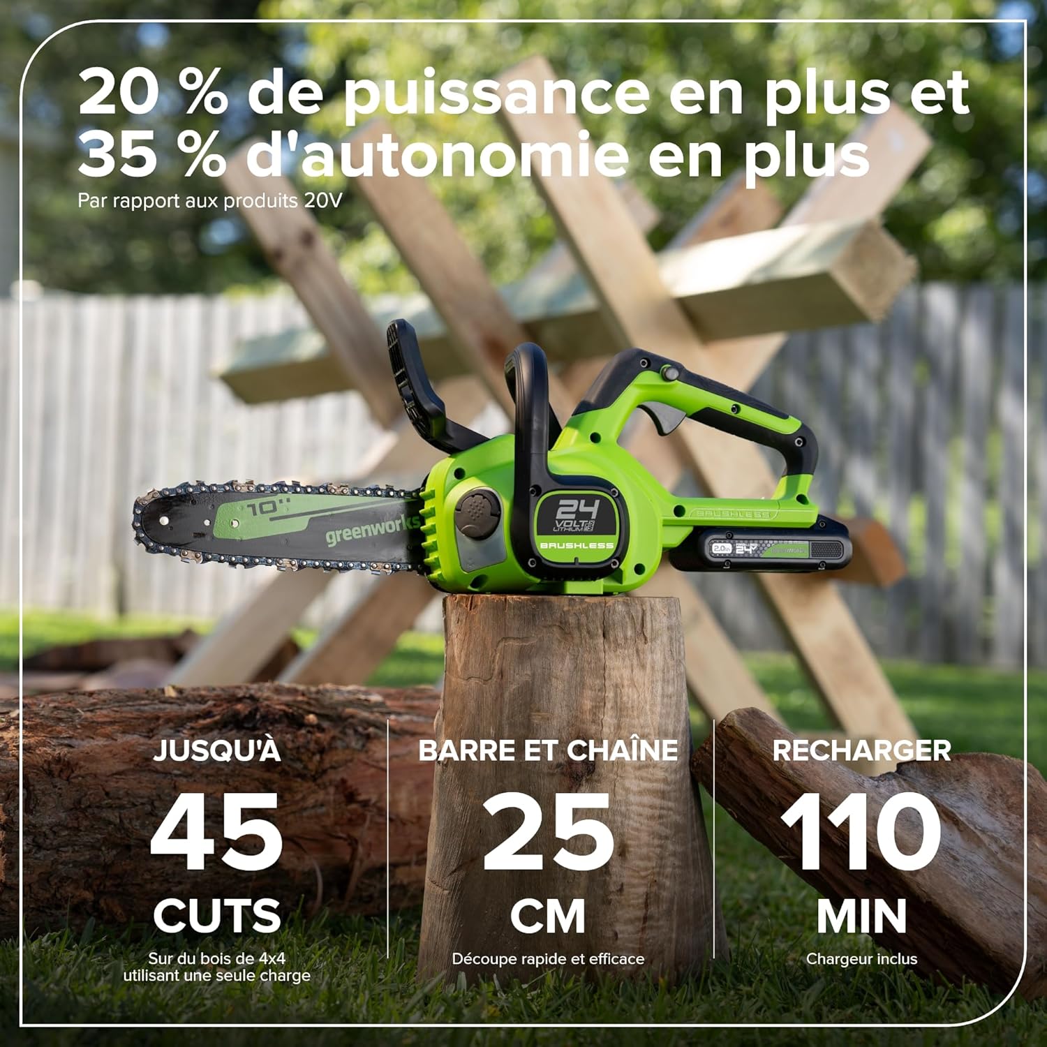 Greenworks - Scie à chaîne Brushless 25cm - 24V, batterie 2Ah, graissage auto