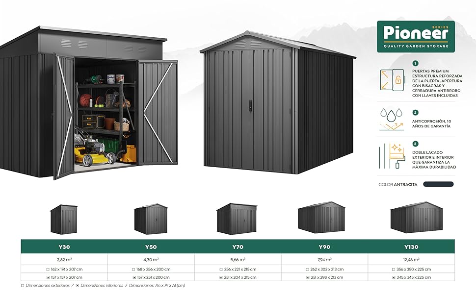 avec portes ouvertes laissant entrevoir des rangements intérieurs. Plusieurs tailles disponibles. Les caractéristiques comprennent un assemblage facile, une conception résistante aux intempéries et un système de verrouillage sécurisé. Visibilité de la marque Pioneer.