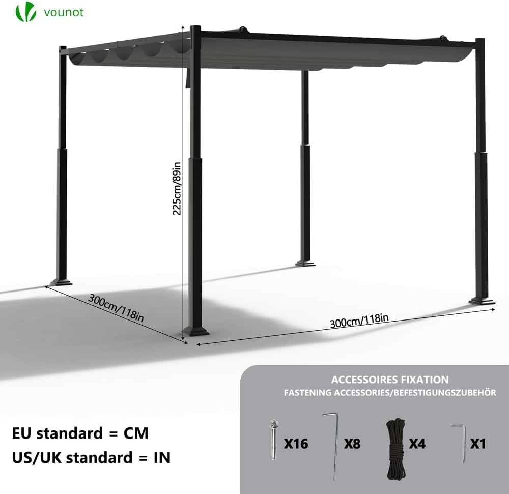 VOUNOT - Pergola rétractable 3x3m - métal, toile polyester haute densité