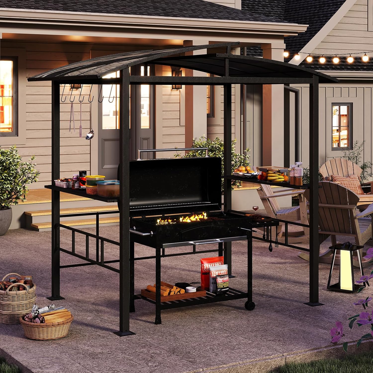 GOPLUS Tonnelle de Barbecue avec Toit Double en PC Ventilé, Étagères Latérales, Crochets, Abri de Barbecue Résistant aux Intempéries, pour Fêtes, Pique-Nique, Patio, Jardin, 248X150X232 CM