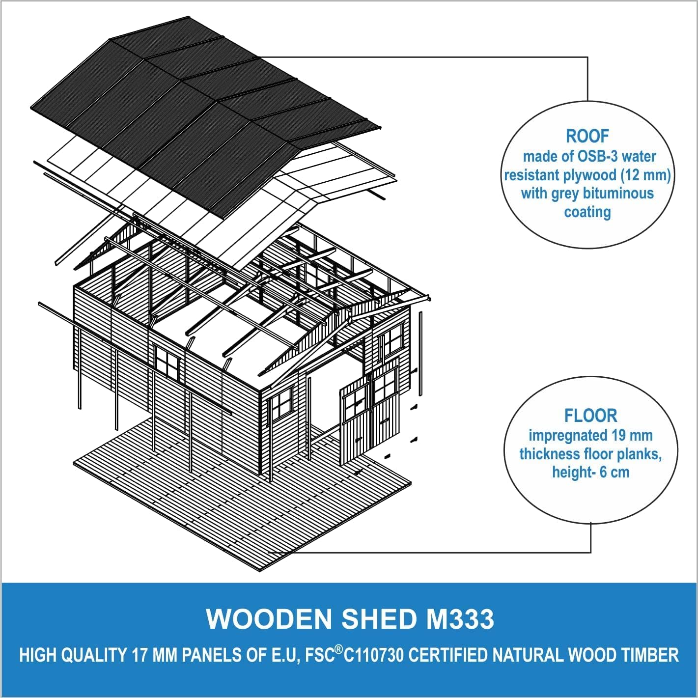 Abri de Jardin en Bois Exterieur avec Les PLANCHERS IMPRÉGNÉ- Maison de Jardin en Pin/épicéa-H246x418x522 cm/20 m²-Construction de Panneaux- Rangement pour vélos, Remise à Outils-TIMBELA M333 +M333G