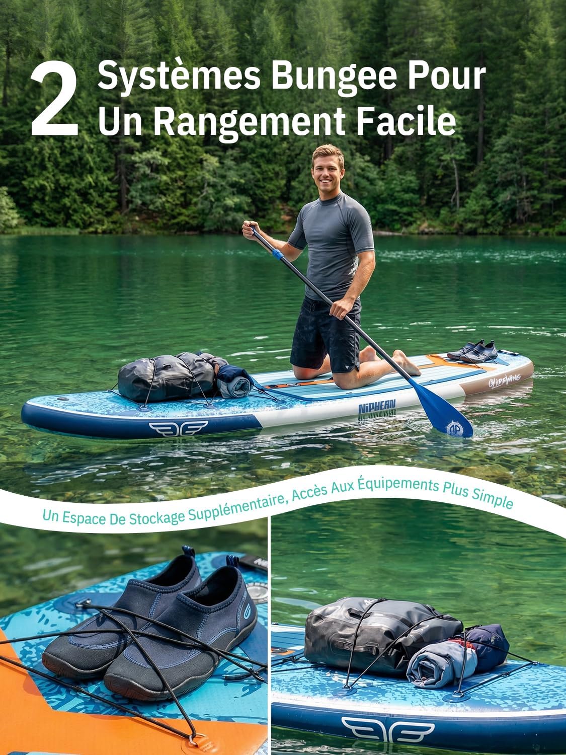 Niphean Extra Large Paddle Gonflable, Sup à 2+1 Personnes/Famille, Planches de Stand Up Paddle Gonflables avec (Idéal Débutant) Aileron Équilibré, Housse Étanche, Paddle Gonflable Adulte, Cadeaux