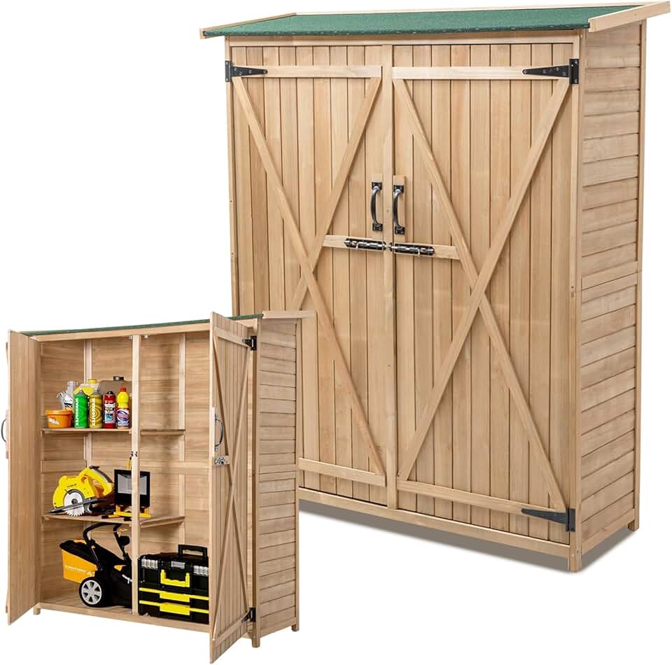 RELAX4LIFE Abri de Jardin en Bois 140x50x162 cm, Abri à Outils avec Toit en Asphalte Incliné, Portes et Étagères Double Fermeture, Meuble de Rangement pour Extérieur Arrière-Cour Patio Pelouse