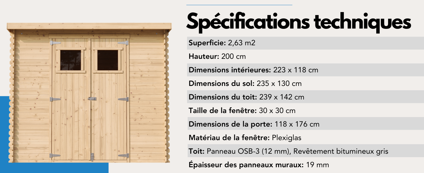 avec toit en pente et porte simple. Spécifications répertoriées en français, y compris les dimensions, les matériaux et les caractéristiques telles que la taille de la fenêtre et l'épaisseur de la paroi.