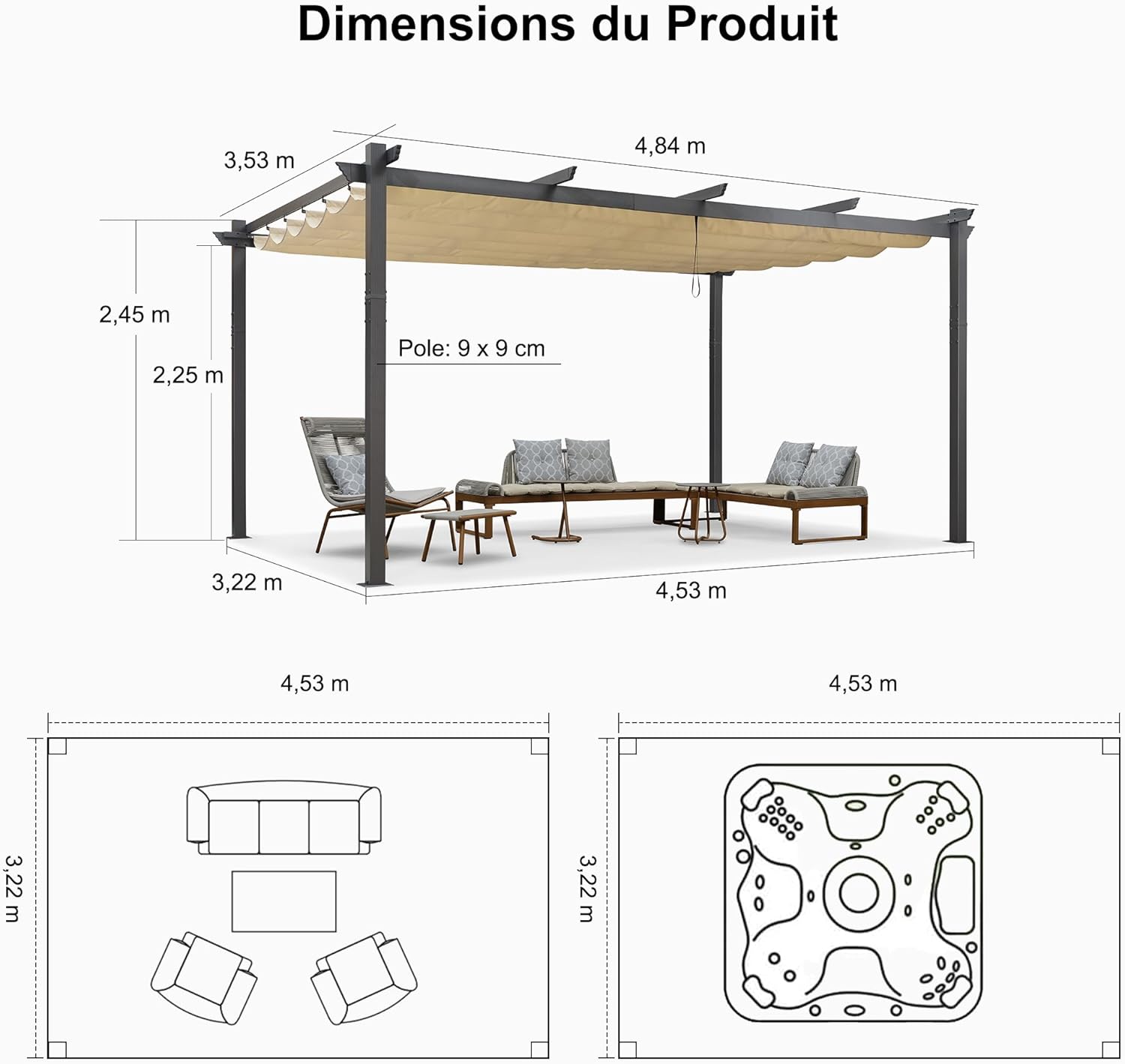 PURPLE LEAF - Pergola aluminium série - 4,8x3,5m - toit coulissant, tissu teint fil, kaki