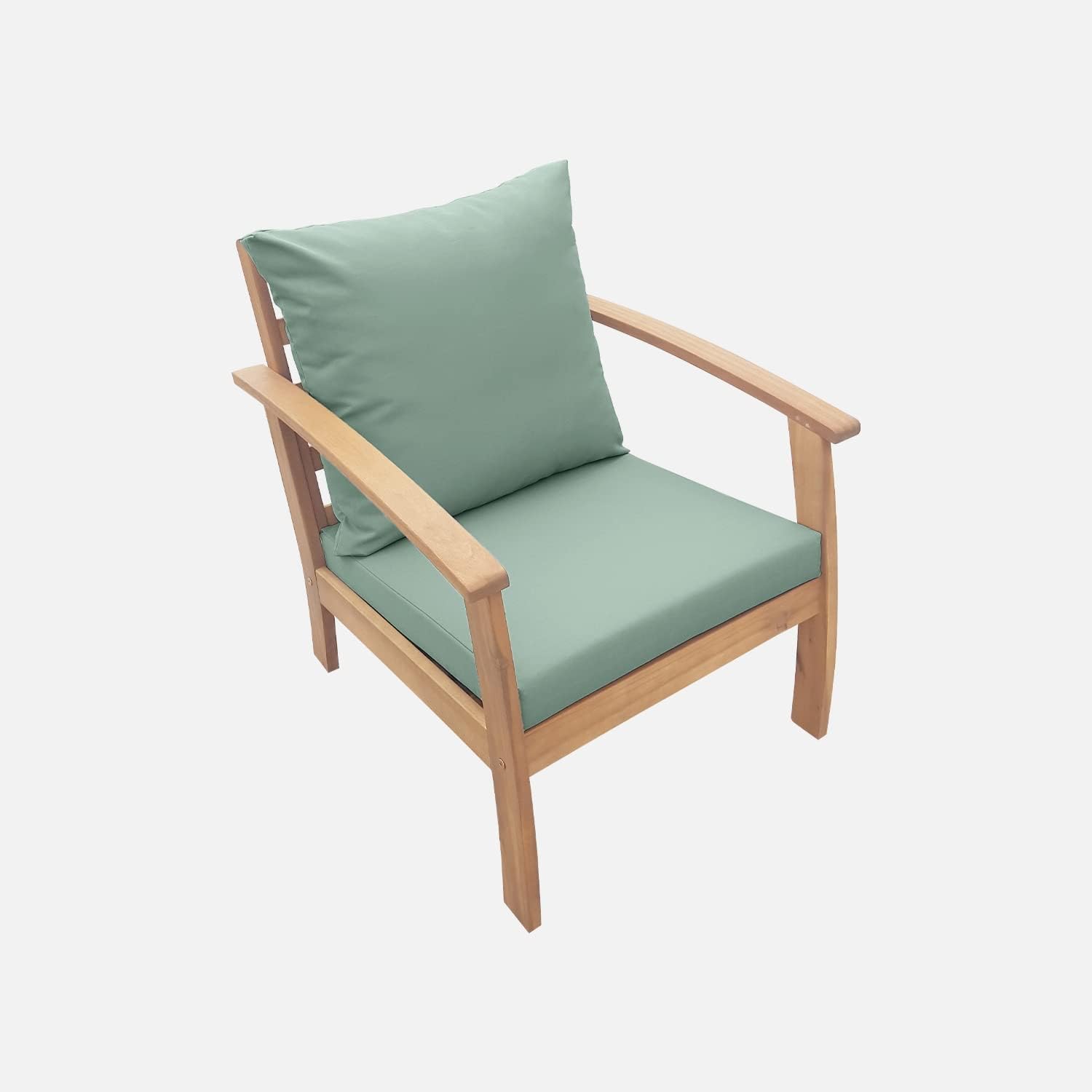 Alice's Garden - Ushuaïa - Salon de jardin bois 4 places, coussins verts, canapé, fauteuils, table basse
