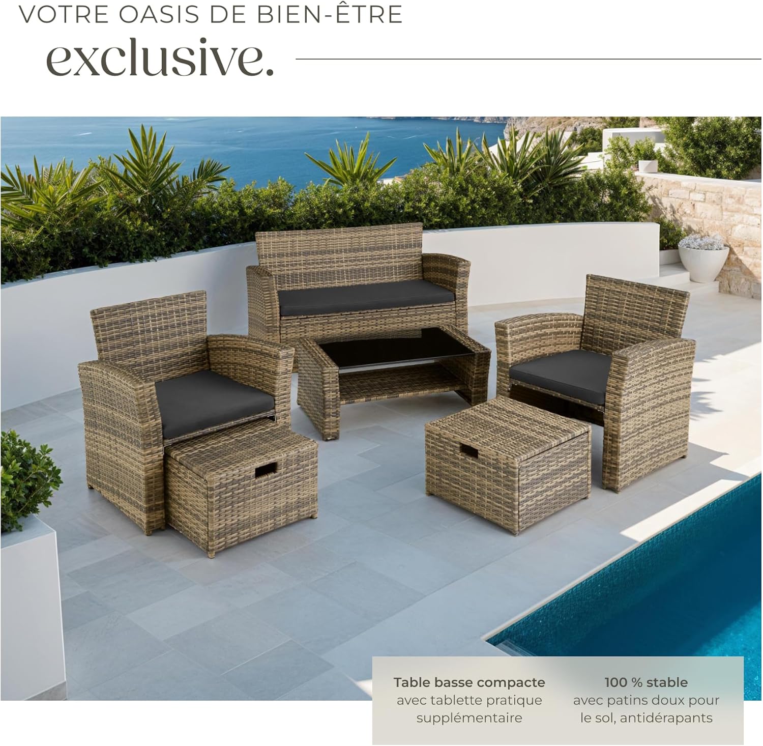 tectake - Ensemble salon de jardin 6 places - poly rotin, coussins épais, table basse, marron naturel