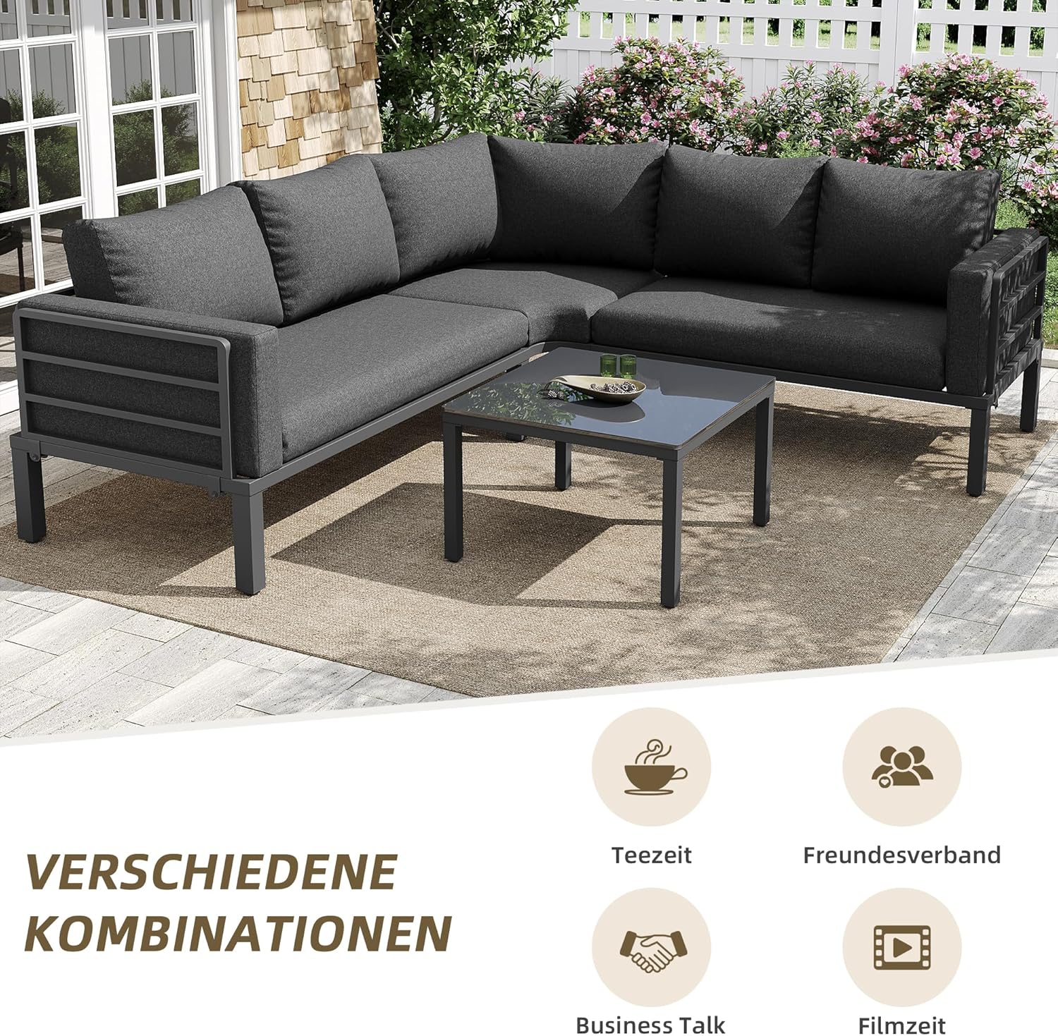 Sapgaks - Salon de jardin D-Gris - 4-5 pers - Fer, verre trempé, coussins, pieds réglables
