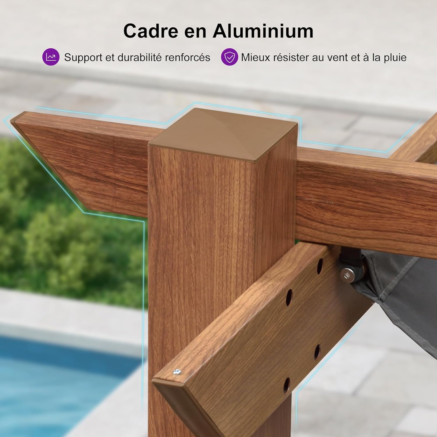 PURPLE LEAF - Pergola aluminium - 4x3m - toile rétractable, teck, imperméable
