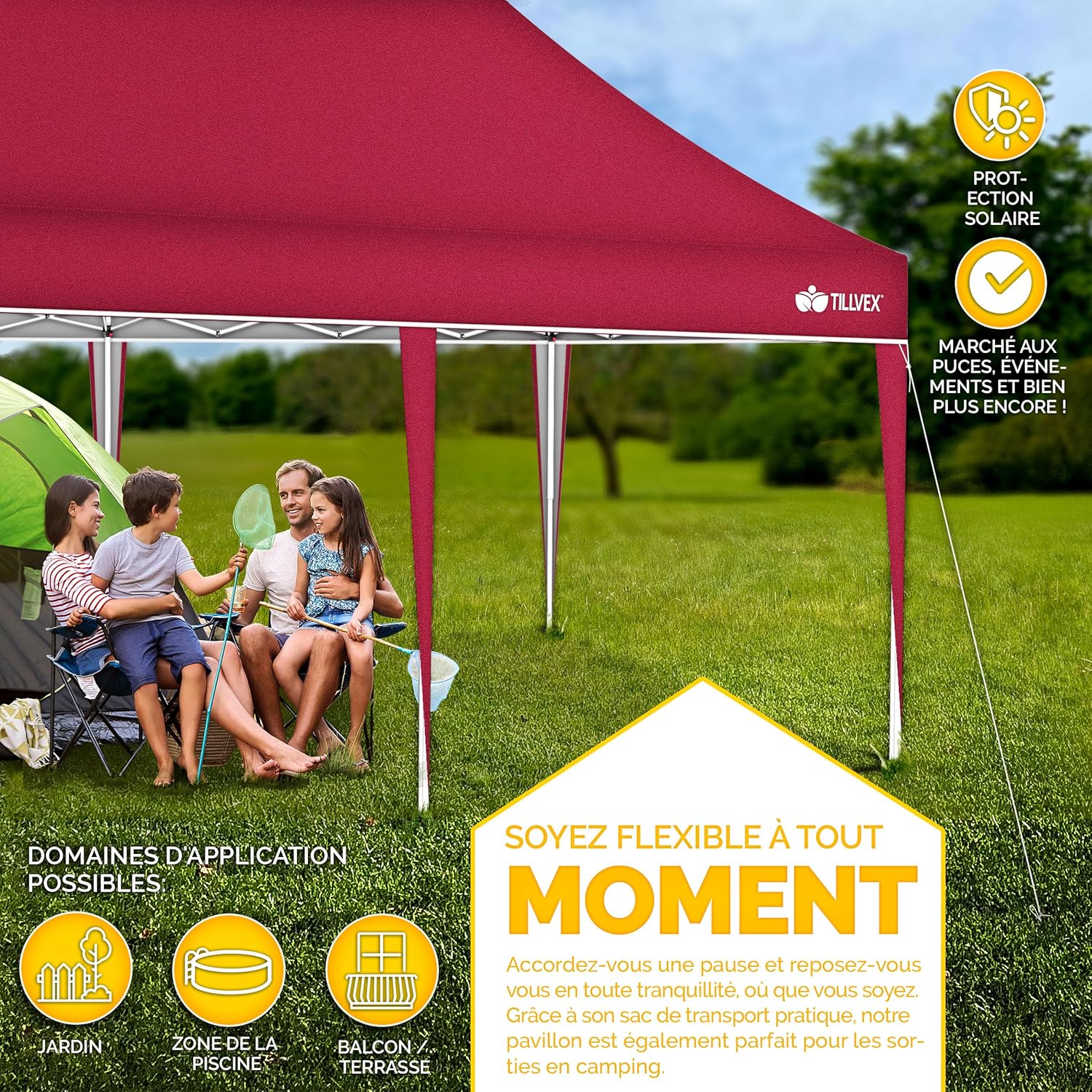 Tillvex - Tonnelle de jardin pop-up, étanche, pliable, réglable 3x6 m, UV 50+ avec sac - ROUGE.