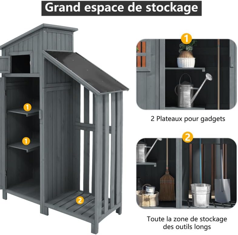 Abri de Jardin en Bois 124x46x174cm,Rangement Outils de Jardin,Cabane de Jardin Extérieur avec Serrure en PVC incliné à loquet,Gris