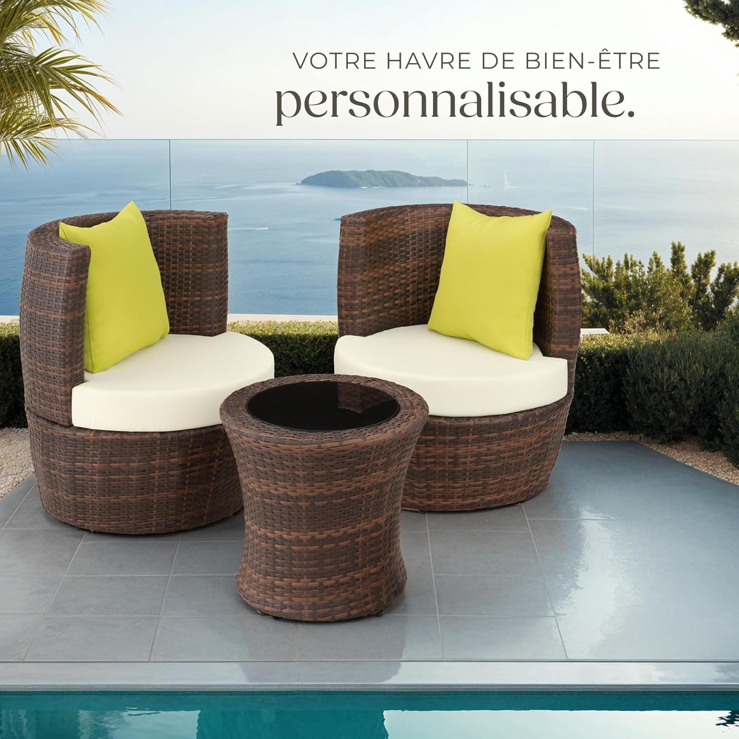 tectake - Salon de jardin 2 places - aluminium & rotin, coussins, pot, balcon