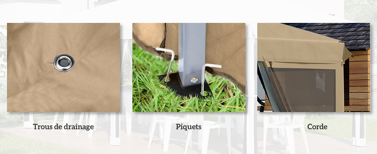 Image à trois panneaux montrant les caractéristiques extérieures : drain circulaire, piquet métallique dans le gazon et structure d'angle en bois. Les étiquettes en français indiquent « Trous de drainage », « Piquets » et « Corde ».